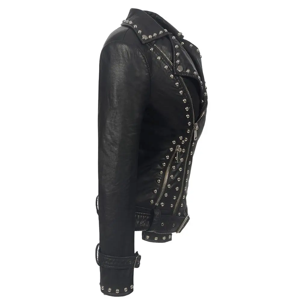 SX Gothic PU faux leather Belt Rivet Jacket Women Autumn Winter Fashion Motorcycle Jacket Black PUNK Outerwear 2019