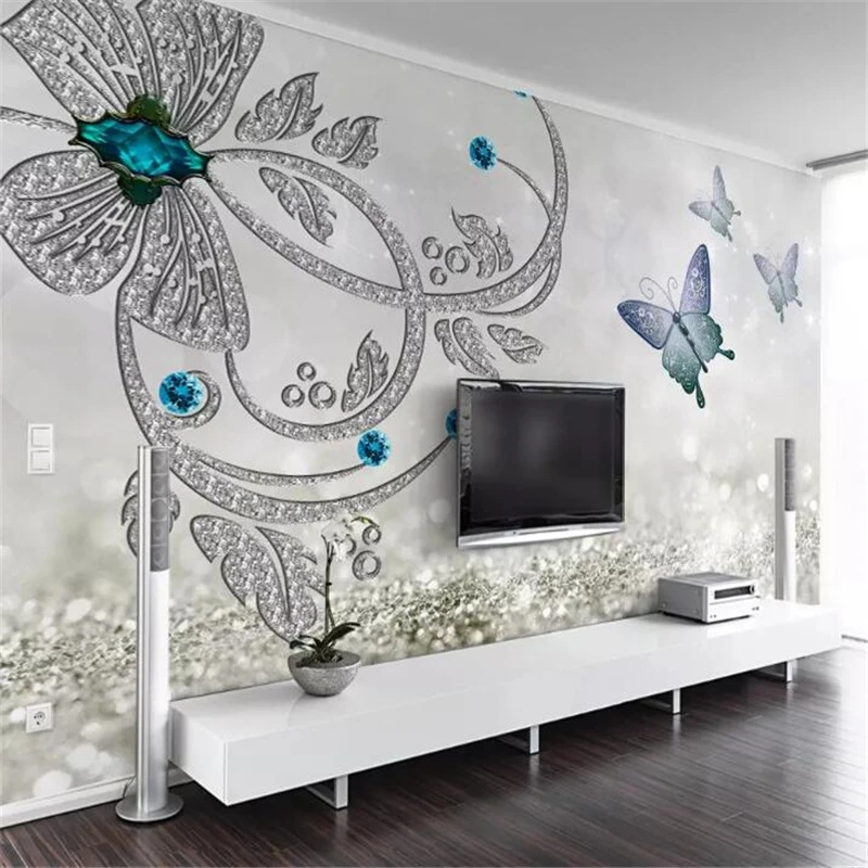 

wellyu Custom wallpaper papel de parede European crystal flower butterfly jewelry TV background wall papers home decor