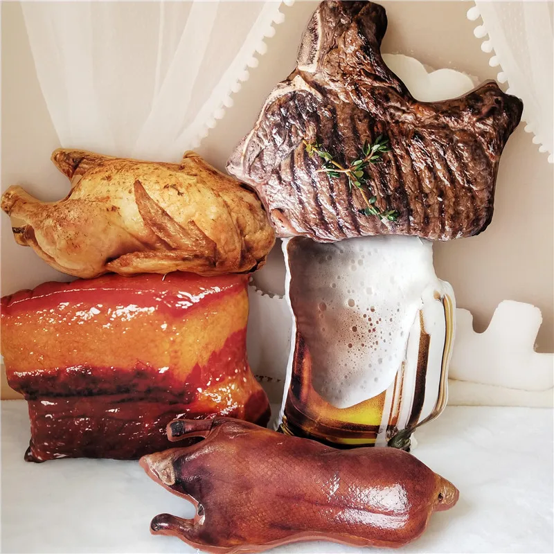 Lifelike Food Plush Stuffed Beer Glass Beef Steak Roast Chick Duck Stewed Pork Pillow BBQ Barbecue Soft Drink Snack Prop Cushion