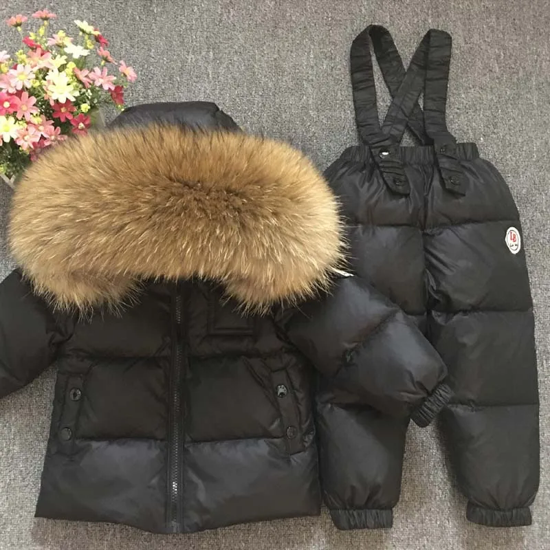 Winter Children\'s Sets Boy Girl Child\'s Baby Thick Down Jacket  Animal Hair Full Collar Ski Suit Top and Trousers12m-9t