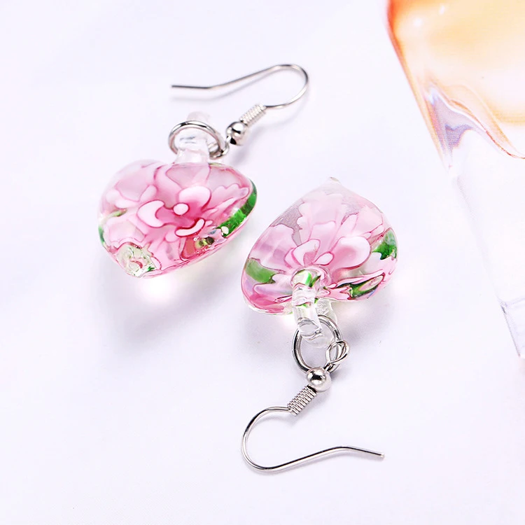 New Murano Glass Heart Flower Pendant Drop Earrings for Women Fluorescence Lampwork Morano Glass Pendant Dangle Earring Jewelry