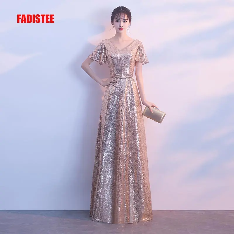 

FADISTEE Autumn bling sequin sweet evening party formal prom V-neck Long gold sashes simple frock sexy flare sleeves