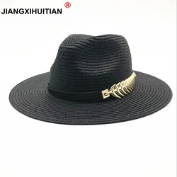 Sombrero de paja de ala plana con cinturón británico para mujer, sombrero de sol sombreado, sombrero de playa de moda, sombrero de Jazz Unisex, verano, nuevo, 2018