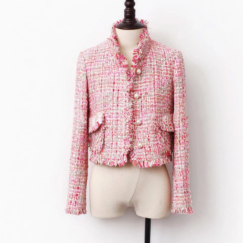 Pink Tweed Jacket spring / autumn /winter women\'s jacket coat classic ladies wild ladies bright wire braided tweed jacket