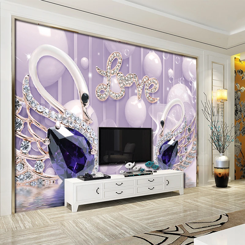 Custom Mural Romantic Purple 3D Swan Jewels Love Photo Wallpaper Living Room TV Sofa Background Wall Covering 3D Papel De Parede