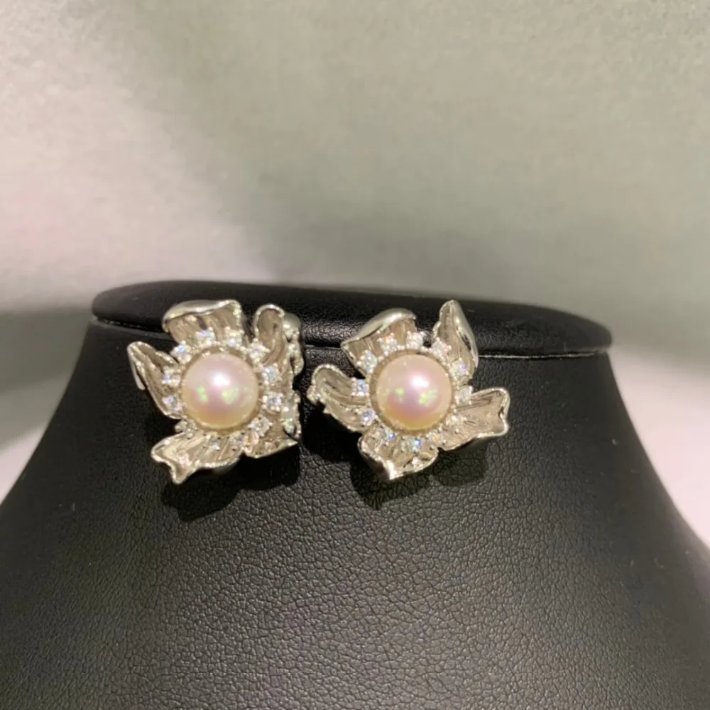 

6-7MM natural sea water pearl stud earring akoya pearl 925 sterling silver with cubic zircon flower fine women jewelry cute