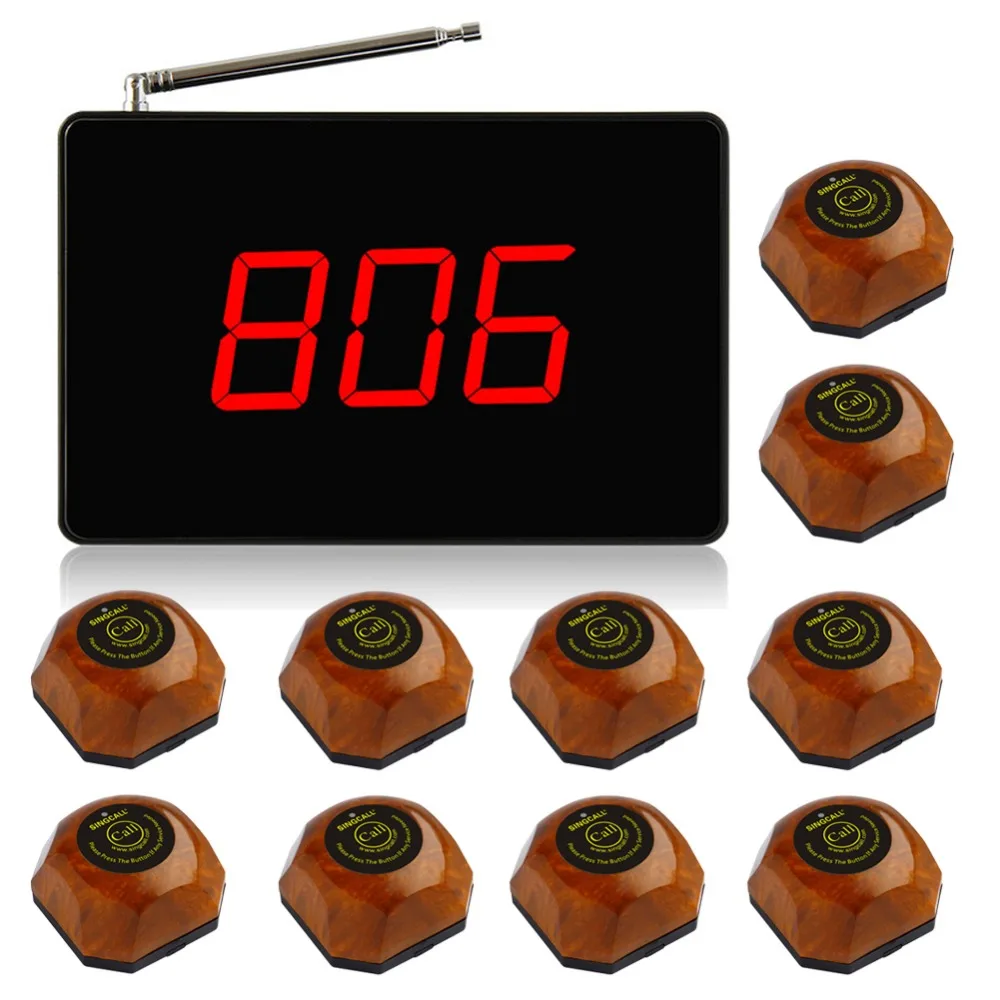 SINGCALL Calling System, Wireless Vibrating Restaurant Call Button System,1pc Black Host ,10 Wood Pagers with Single Button