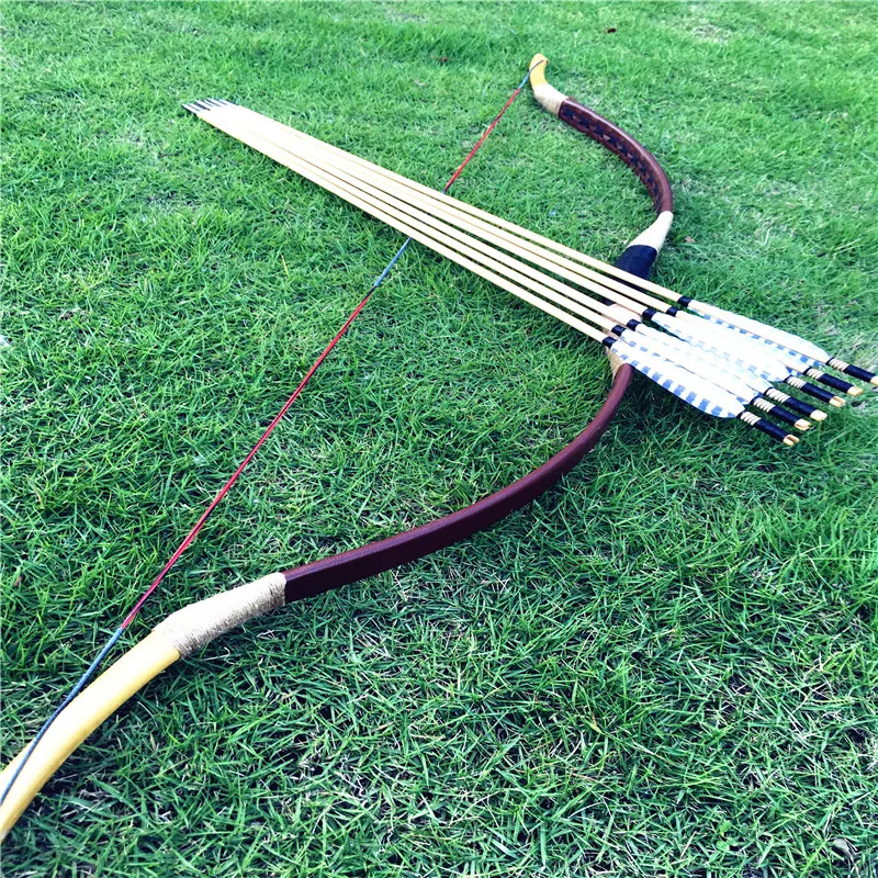 20-60lbs Traditional Bow Archery  Brown  Leather Hunting Chinese Longbow +6pcs Arrows