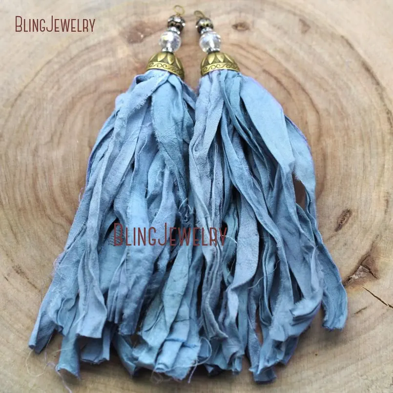 Cerulean Sari Silk Tassel Pendant  with Antique Bronze Cap and Aura Crystal Accent PM9052