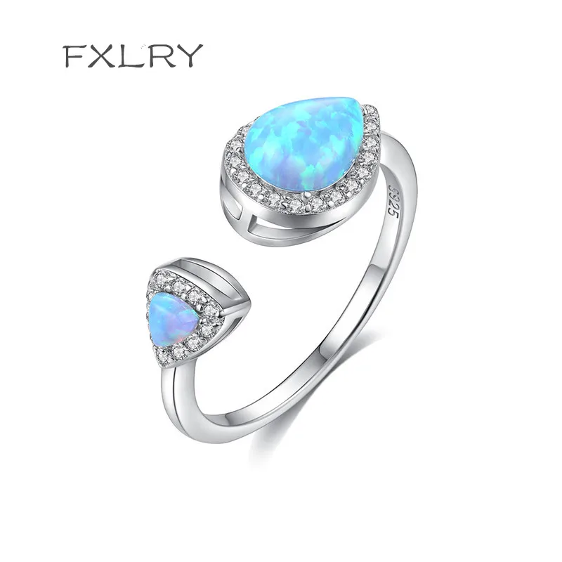 FXLRY New Design Silver color Micro Inlay Zircon  Waterdrop Double Opal Rings for Lover Femme Open Rings Jewelry