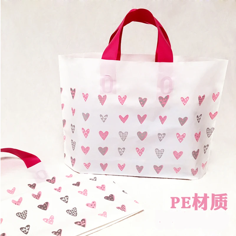 

48pcs/lot New Pink Small Heart Plastic gift bags with handles large size cloth bag gifts for packaging white wedding favors