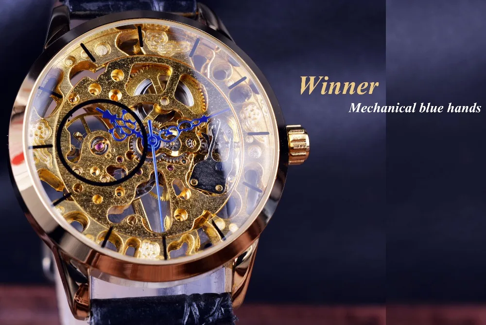 Winner Transparent Blue Hands Skeleton Full Golden Designer Watch Men Watches Top Brand Luxury Mechanical Watch Clock Wristwatch