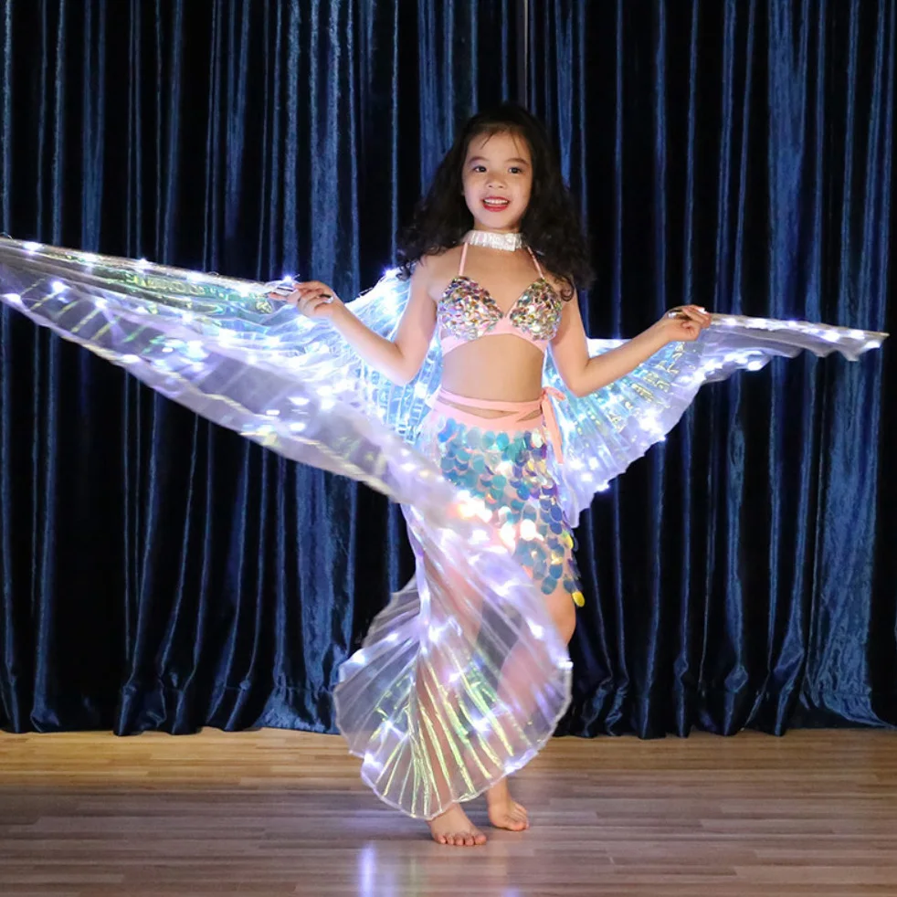 Bé Gái Dạ Quang Ánh Sáng Trắng Isis Đôi Cánh Thiên Thần Đèn Led Bướm Múa Bụng Trang Phục Cho Bé Bellydance Hiệu Suất Nhảy Múa Phụ Kiện