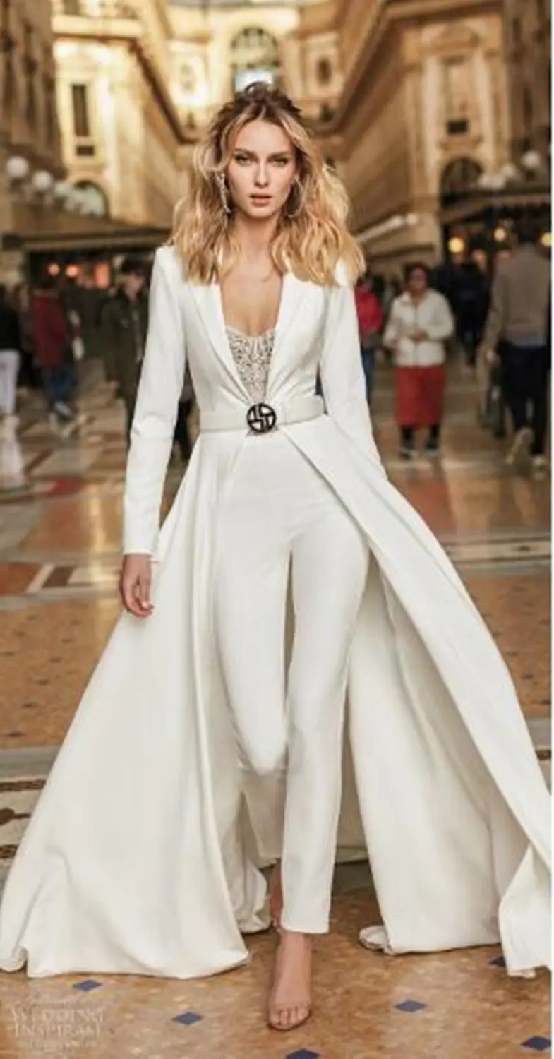 White Jumpsuits Evening Dresses Cap Sleeve Customized Arabic Long Sleeves Satin Prom Gowns Sexy Formal Party Pageant Wear