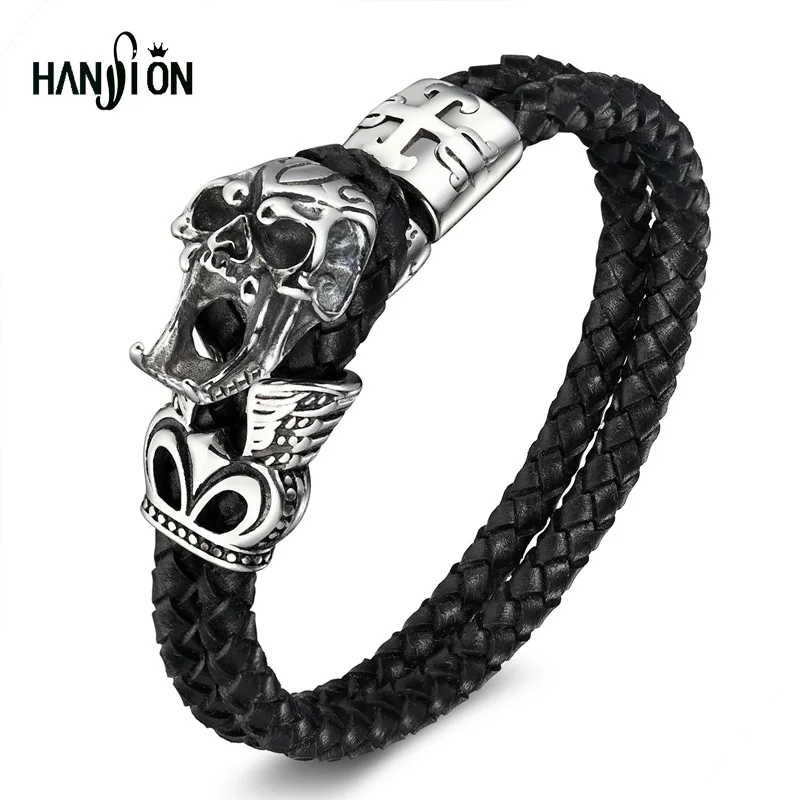 

Brand HANSION Wholesale New Fashion Vintage jewelry Stainless Steel Skull Bracelets Black Synthetic Leather Rope Hand Chain Men