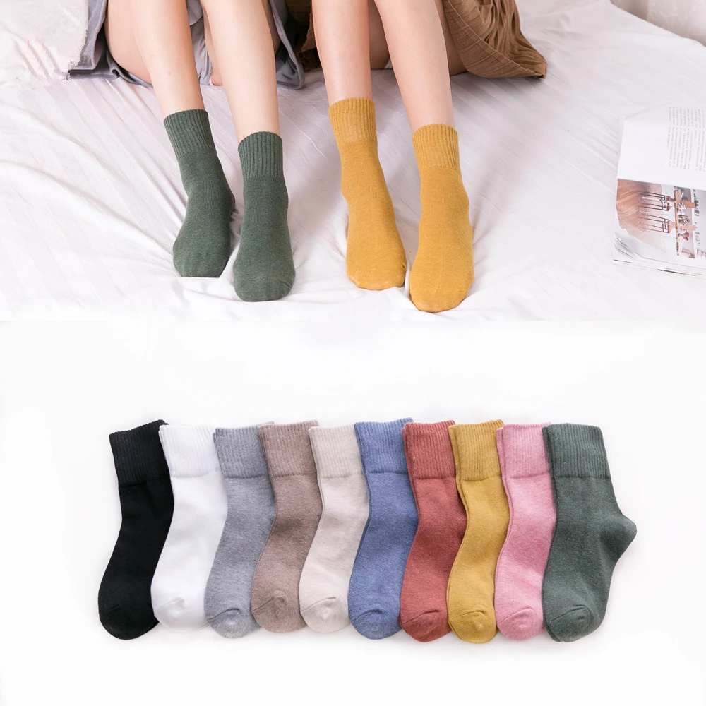 CHAOZHU-Chaussettes 100% Coton pour Femme, Couleurs Unies, Haute Qualité, Top Côtelé, Paddy, 03Basique, Coloré, Doux, Automne, Hiver