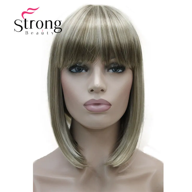 StrongBeauty Short Straight Blonde Highlighted Bob with Bangs Synthetic Wig Black Brown Red Women's Wigs COLOUR CHOICES