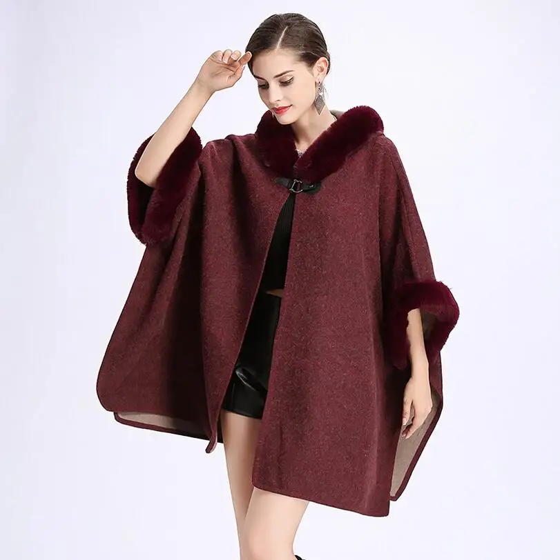 

2021 new autumn and winter loose fur collar hooded knit cardigan shawl shawl cloak coat female a539