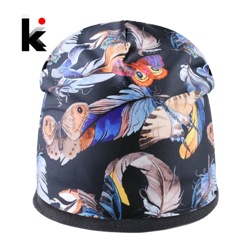 

Winter Warm Beanies Women Print Butterfly Hats For Girls Fashion 3D Printing Personality Bonnet caps Thick Double layer Touca