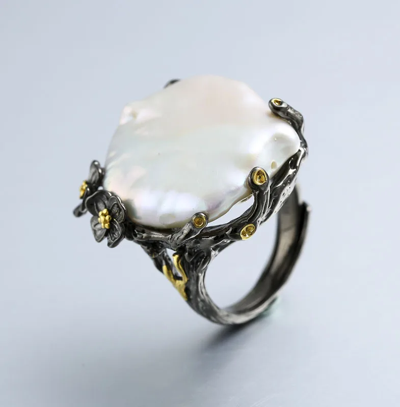 

S925 Sterling Silver Inlaid Natural Baroque Pearl Rings Retro Thai Silver Made In Retro Vintage Crafts Women Open Ended Ring