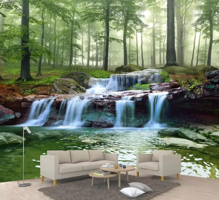 

3D Wallpaper Custom 3d Mural Wallpaper Forest creek waterfall woods landscape painting landscape living room TV background wall