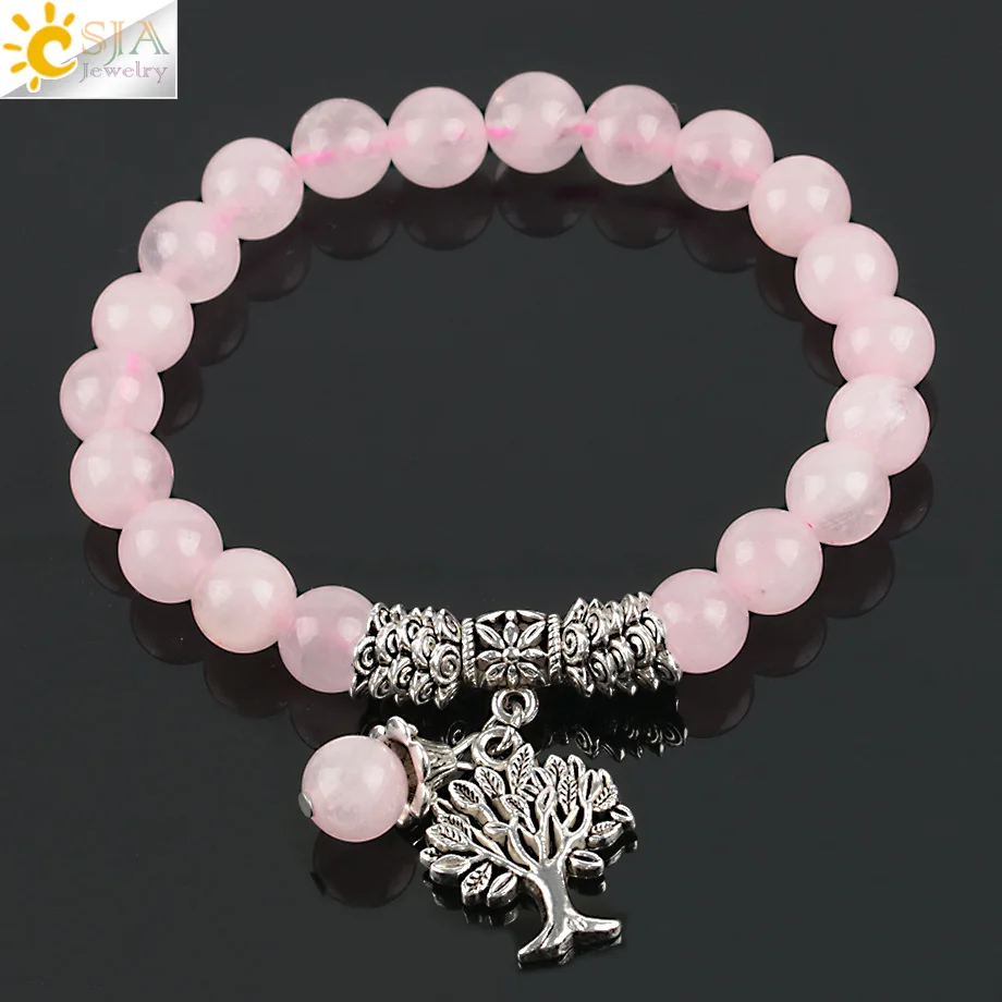 CSJA Reiki Pink Quartz Diffuser Bracelet Natural Crystal Gem Stone Mala Beads Tree of Life Charms Meditation Ethnic Jewelry E723