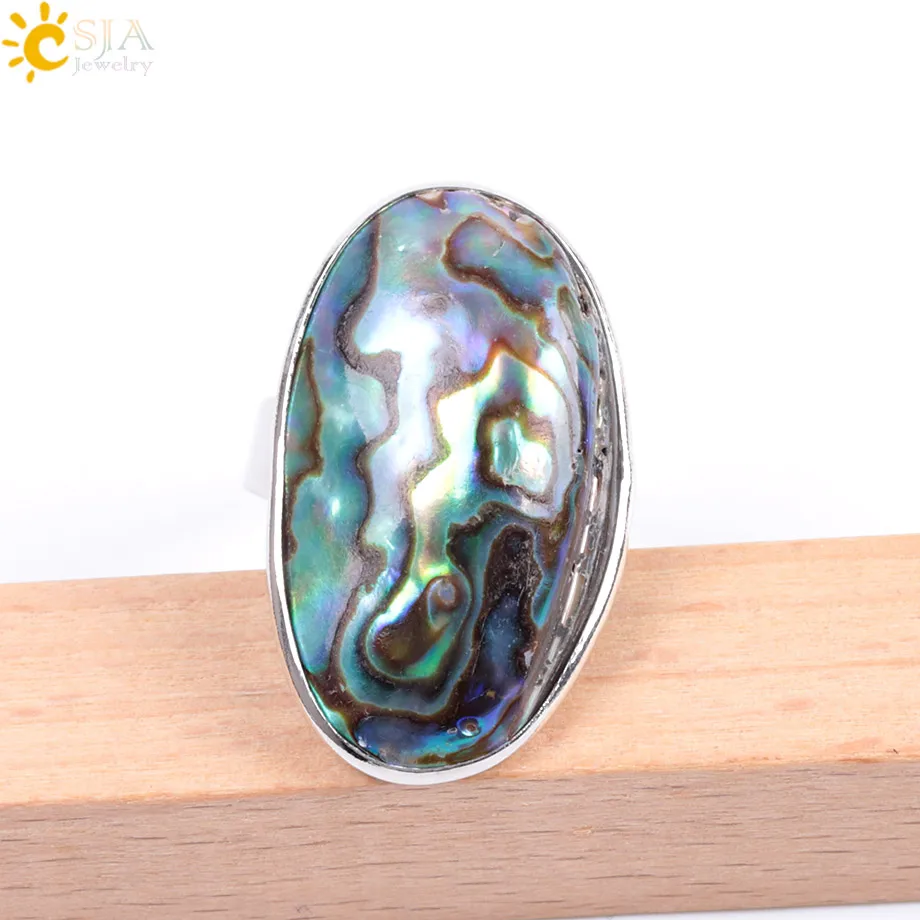 CSJA New Zealand Natural Abalone Shell Beads Finger Rings for Men Women Reiki Sea Shell Wedding Engagement Adjustable Ring F054