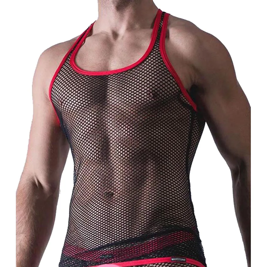 

Male Sexy Sheer Black Mesh Tank Top with Red Trim Undershirt Racer Back Vest Singlet Macho Show Outfit