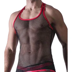 Male Sexy Sheer Black Mesh Tank Top with Red Trim Undershirt Racer Back Vest Singlet Macho Show Outfit