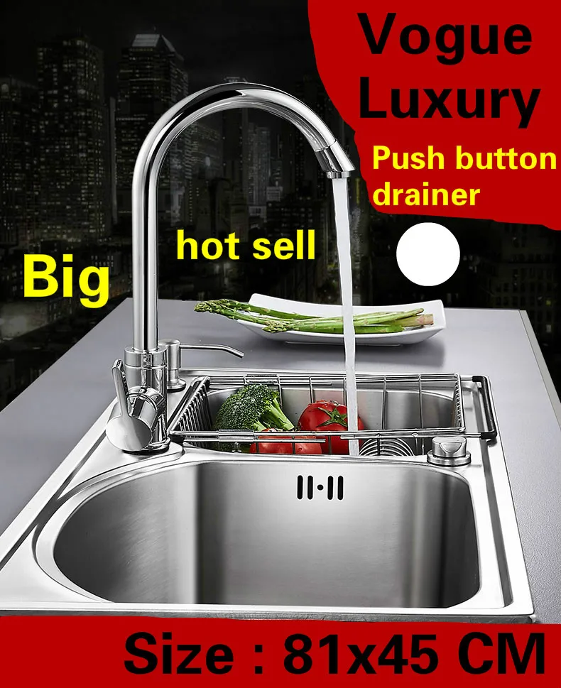 

Free shipping Apartment big kitchen double groove sink push button drainer luxury 0.8 mm 304 stainless steel hot sell 810x450 MM