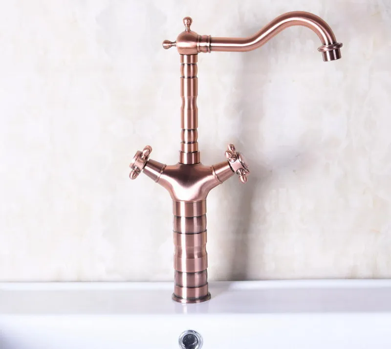 Antique Red Copper Brass Dual Cross Handles Bathroom Kitchen Basin Sink Faucet Mixer Tap Swivel Spout Deck Mounted mnf127