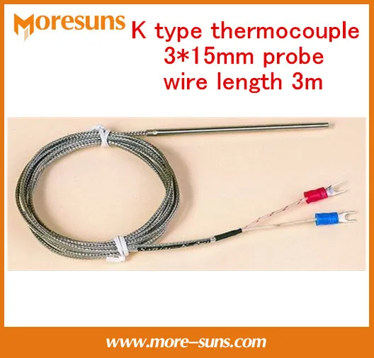 Fast Free Ship 20pcs/lot K type thermocouple 3*15mm probe,wire length 3m Thermocouple Cable