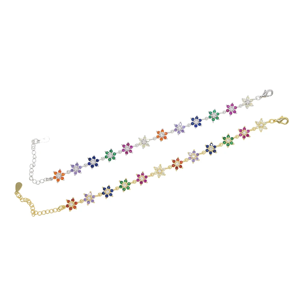 Gold silver Color Red Green Blue CZ Paved Flower Charm Bracelets Bangle Link Rainbow Zircon Stone Fashion Tennis Chain Jewelry