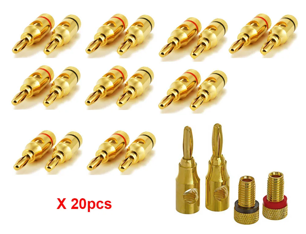 

20pcs/10 pairs High-Quality Gold Plated Musical Amplifier Speaker Cable Wire Pin Banana Plug Connector w/Color Coded, Open Screw