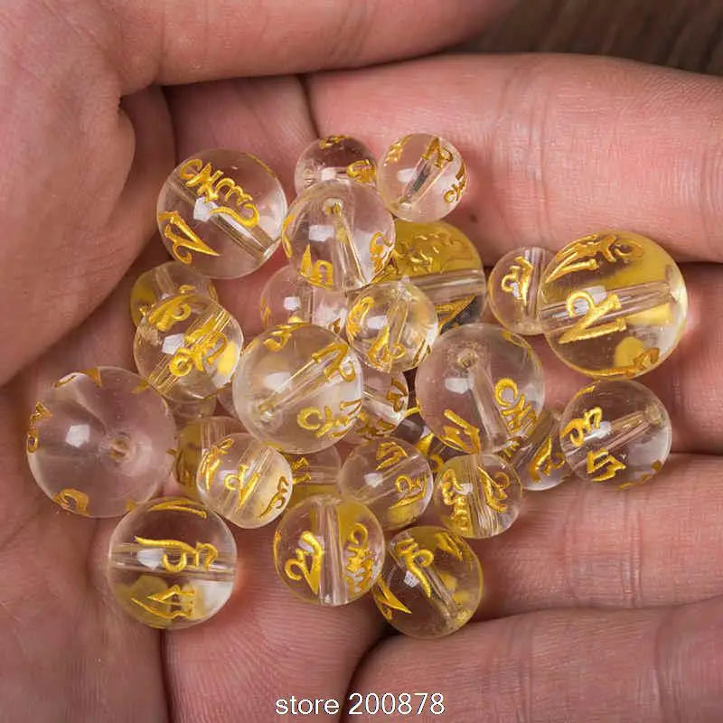 10Beads Natural Rock Crystal Quartz Round Beads 8/10/12/14/16mm Tibetan Mantra Beads golden OM MANI PAD ME HUM