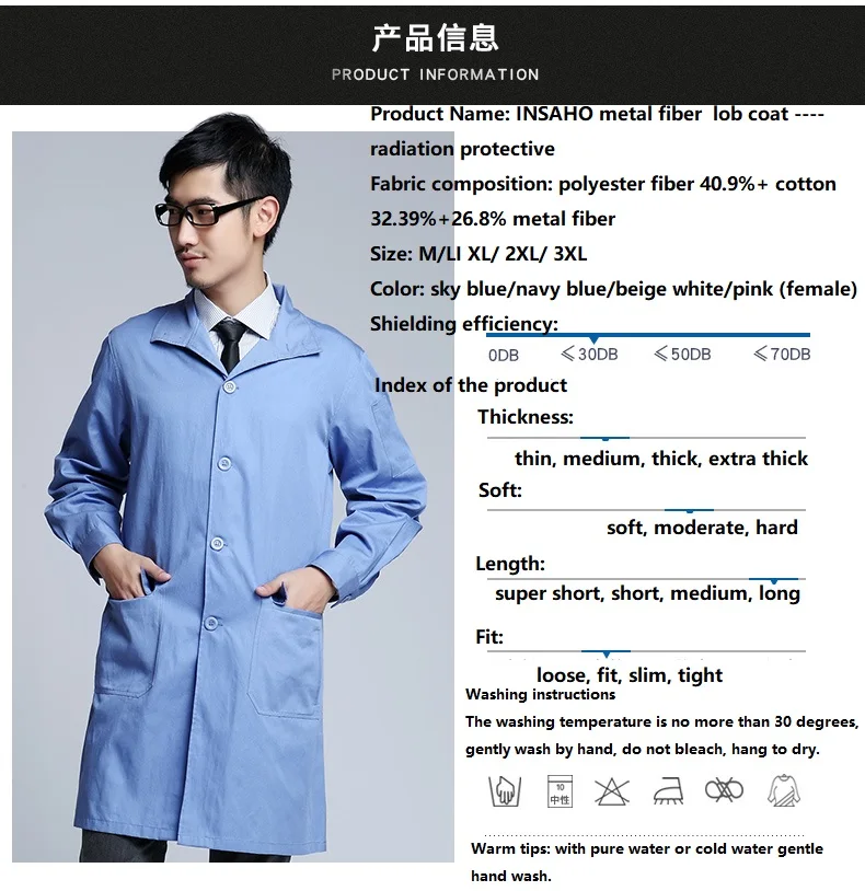 INSAHO EMF radiation shield lab coat,metal fiber anti-radiation working suit SHD001,for computer , monitoring room , laboratory