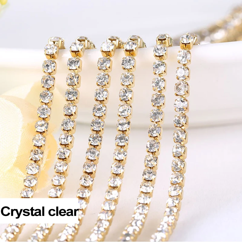 3yards/Piece 17Colors Glass Crystal Rhinestones Chain Gold Bottom Sew On Cup Chains For Diy Sewing Clothes Accessories