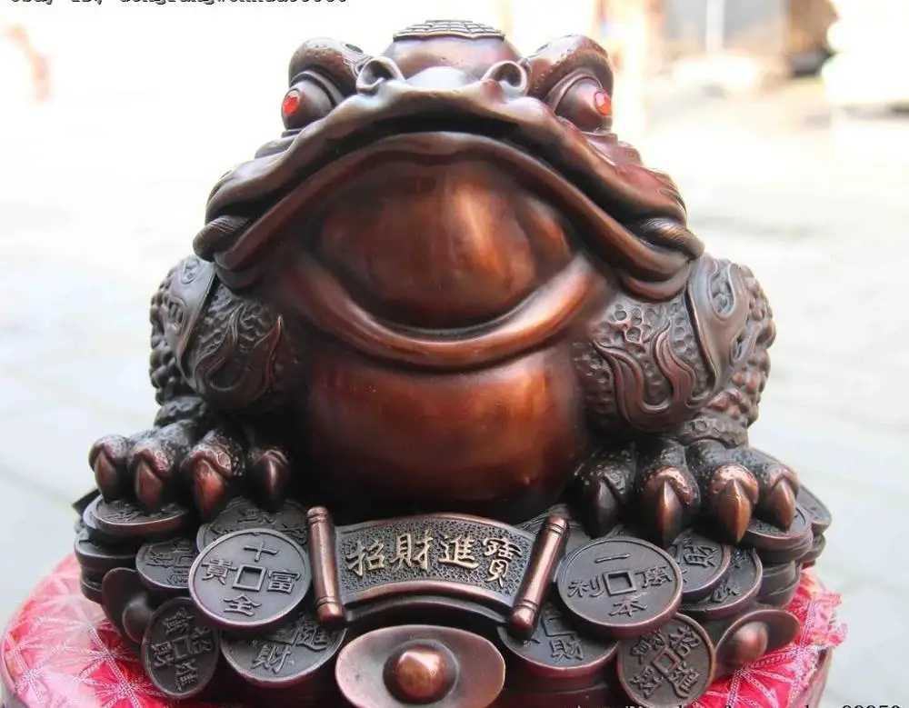 Folk Bronze Copper Home Feng Shui Evil Coin Money Wealth Toad Gold Toad Statue 23CM