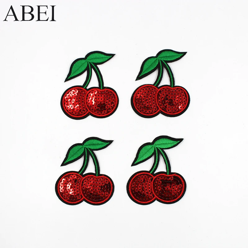 10pcs/lot Cherry Sequins Embroidered Patches Fruit Iron On Patch Sew On Appliques Motif Badge For Garment Stickers