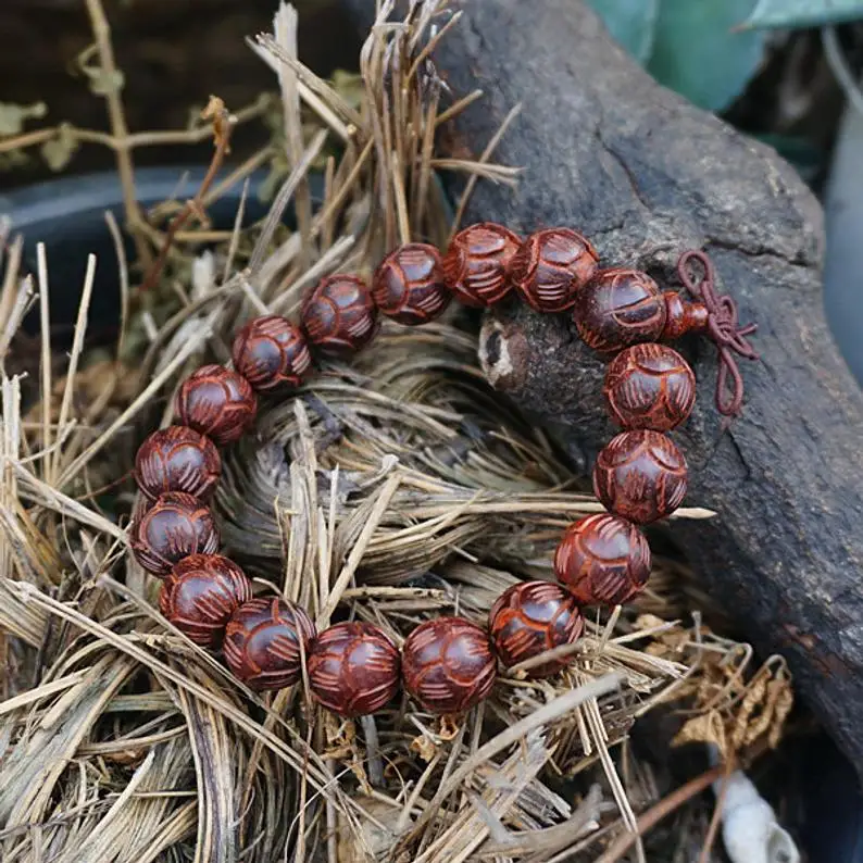 

12mm Natural Buddhist Carved Lotus Wood Beads Red Sandalwood Beads Mala Bracelet Yoga Bracelet Yoga Malas