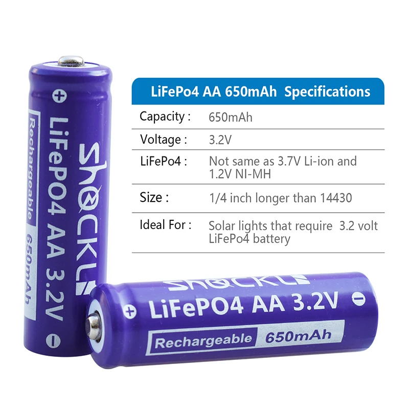 2pcs/ lot Shockli Lifepo4 3.2V 14500 Rechargeable battery AA Lithium ion Battery Cell  650mAh  for Camera and Solar Led Light