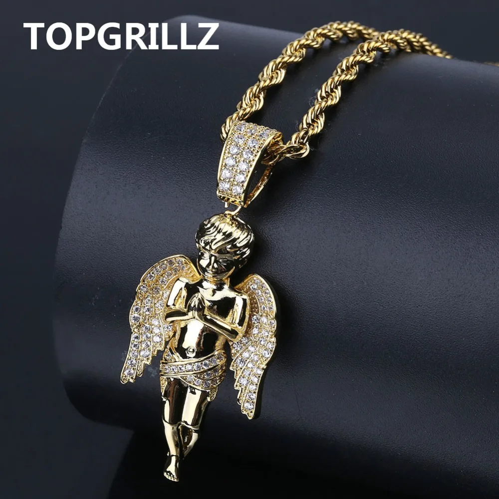 Topgrillz Hiphop Mannen Vrouwen Ketting Goud Kleur Plated Iced Out Micro Pave Cz Stone Angel Hanger Kettingen Love'sblessing Geschenken