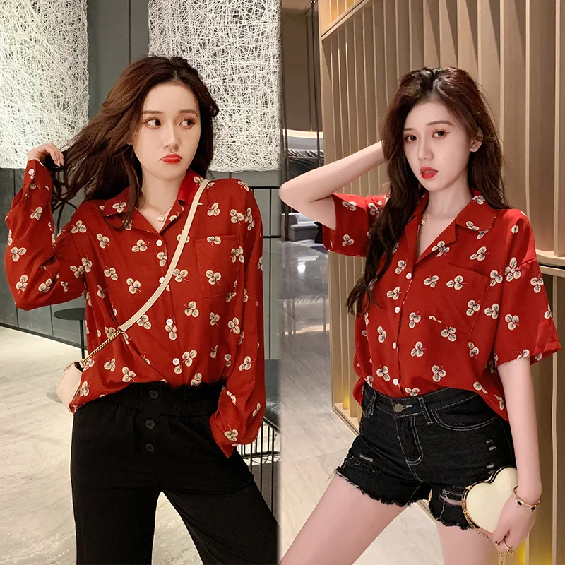 Summer New Loose Chiffon Shirt Girl Red Retro Short Sleeve Turn Down Collar Tops Women Printing Thin Casual Blouse Shirts H9003