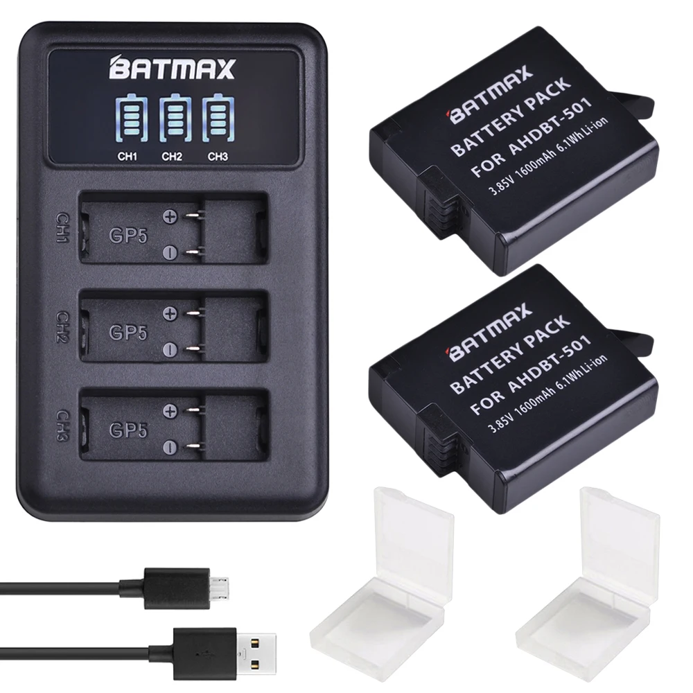 

Batmax For Gopro 5 AHDBT-501 Battery+LED USB 3Slots Charger with Type C port for Gopro hero 5 6 New Gopro7 8 Action Camera