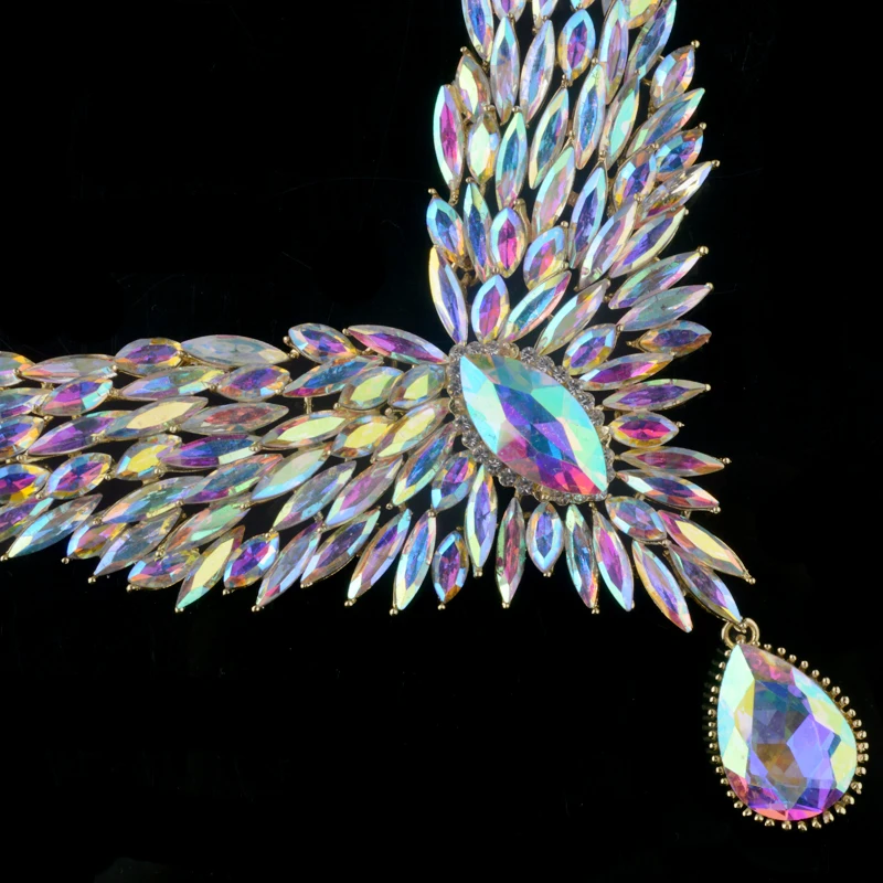 Bridal Wedding Jewelry Aurora Color Rhinestone Crystal AB For Women\'s Party Necklace Earrings Set Peacock Wig Dropwater