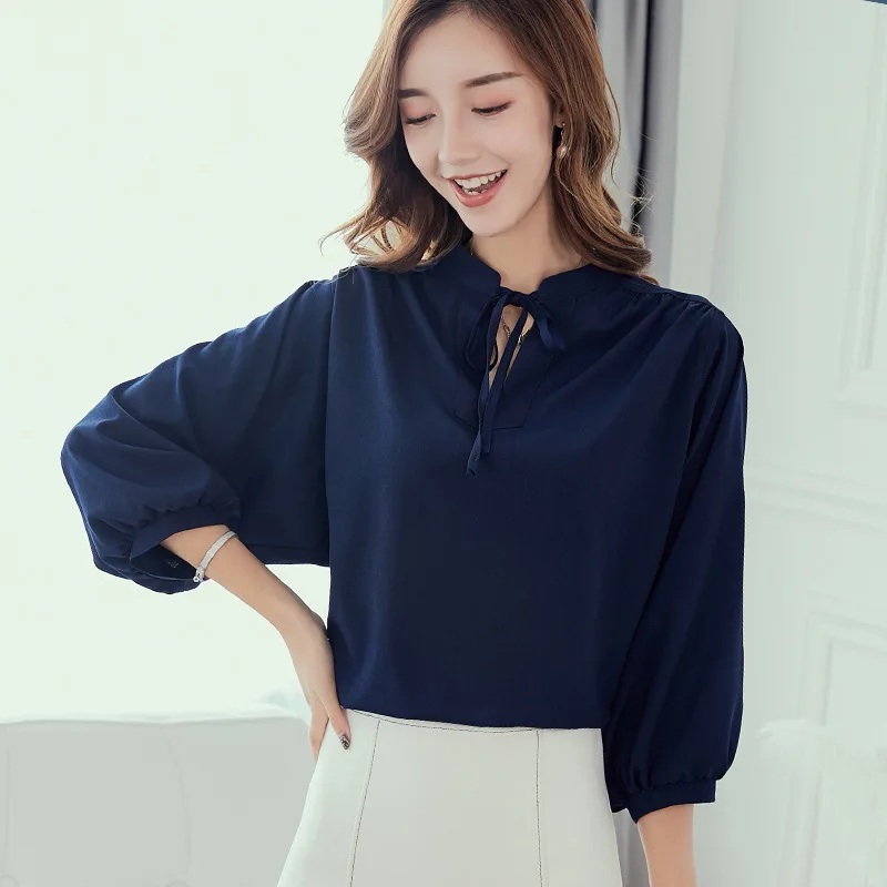 Spring Summer Chiffon Shirt New Women Fashion Loose Pure Color Blouse Office Ladies Korean Leisure Nine Points Sleeve Top H9121