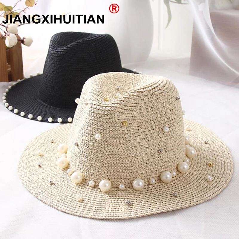 New Spring Summer Hats For Women Flower Beads Wide Brimmed Jazz Panama Hat Sun Visor Beach Hat Flower Pearl rivet Straw Hat