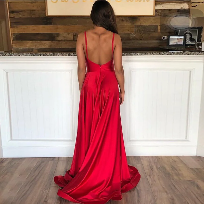 2019 Merah A-line Gaun Prom V-Leher Spaghetti Tali Elastis Satin Pesta Gaun Backless Sapu Kereta Depan Split Gaun Prom