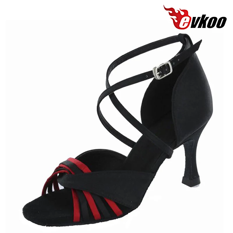 Evkoodance 7cm Heel Woman Latin Dance Shoes Black Tan Satin Material Salsa Shoes Popular X-Strap Design Evkoo-240 customize shoe