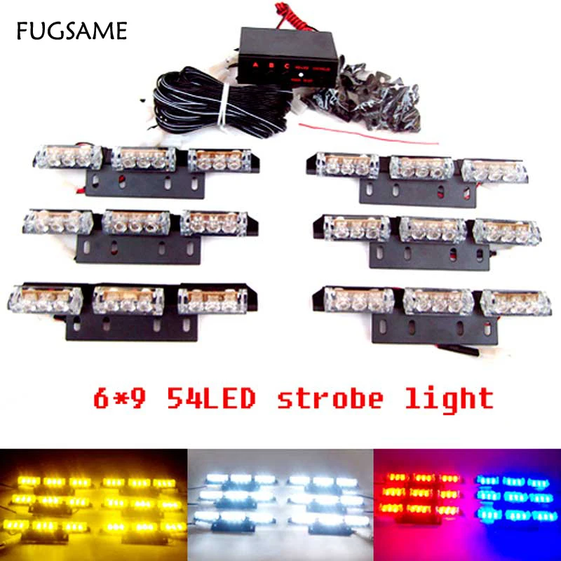 FUGSAME Car 6*9 54 LED warning lights Flash Light.Police Light   Flashing Emergency Firemen Lamp 3 Mode 12V. Red + blue   light